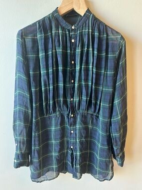 Ralph Lauren Navy and Green Plaid Button-Front Sheer Silk Shirt